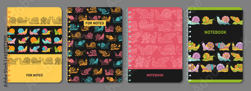 Snail trendy child notebook or notepad cover set. Mollusk with doodle ornament design for planner, brochure, book catalog. Decorative layout page print template poster with comic abstract snail vector