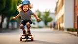 Funny toddler girl riding a skateboard. Generative AI