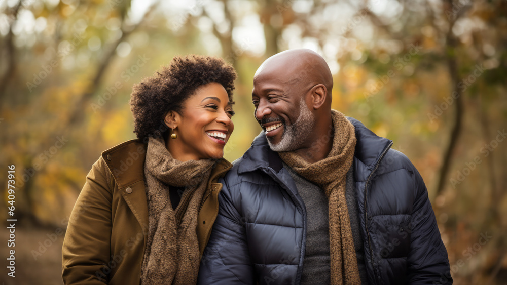 happy middle age couple smiling in the fall happy middle age couple smiling in the fall