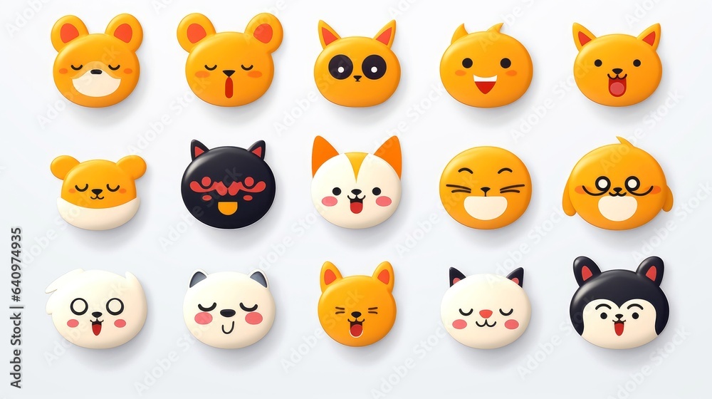 Set of animal faces, face emojis, stickers, emoticons,cartoon funny mascot characters face set Set of animal faces, face emojis, stickers, emoticons,cartoon funny mascot characters face set