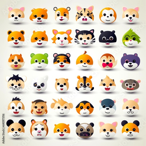 Set of animal faces  face emojis  stickers  emoticons cartoon funny mascot characters face set