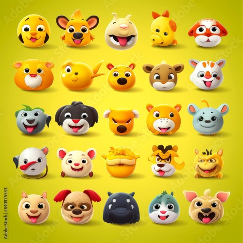 Set of animal faces, face emojis, stickers, emoticons,cartoon funny mascot characters face set