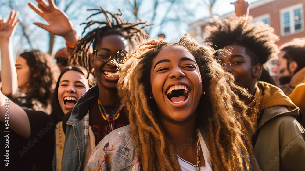 A group of vibrant high students relishing their recess time on a bustling campus