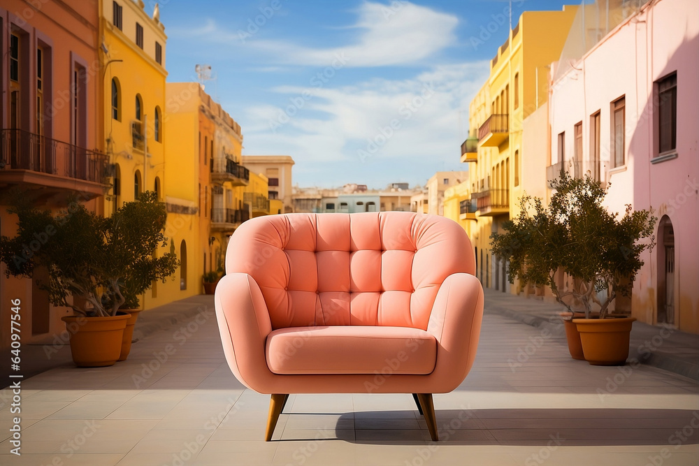 Retro pastel pink armchair in the middle of the street in a city. Generative AI.