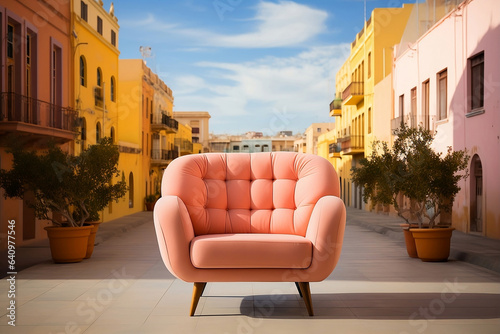 Obraz na płótnie Retro pastel pink armchair in the middle of the street in a city. Generative AI. w salonie
