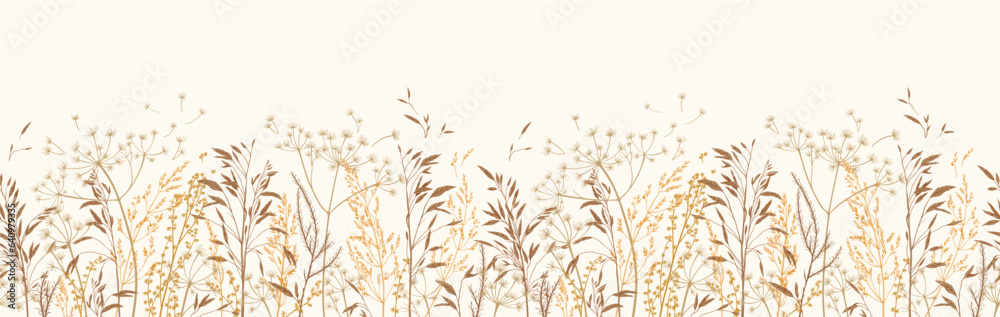 Vector illustration with wild and dry herbs. Panoramic horizontal seamless pattern. Autumn meadow. Ornament for wallpaper, card, border, banner or your other design. Natural beige tones. Engraving. - obrazy, fototapety, plakaty 