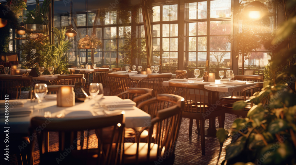 The restaurant's interior during the golden hour