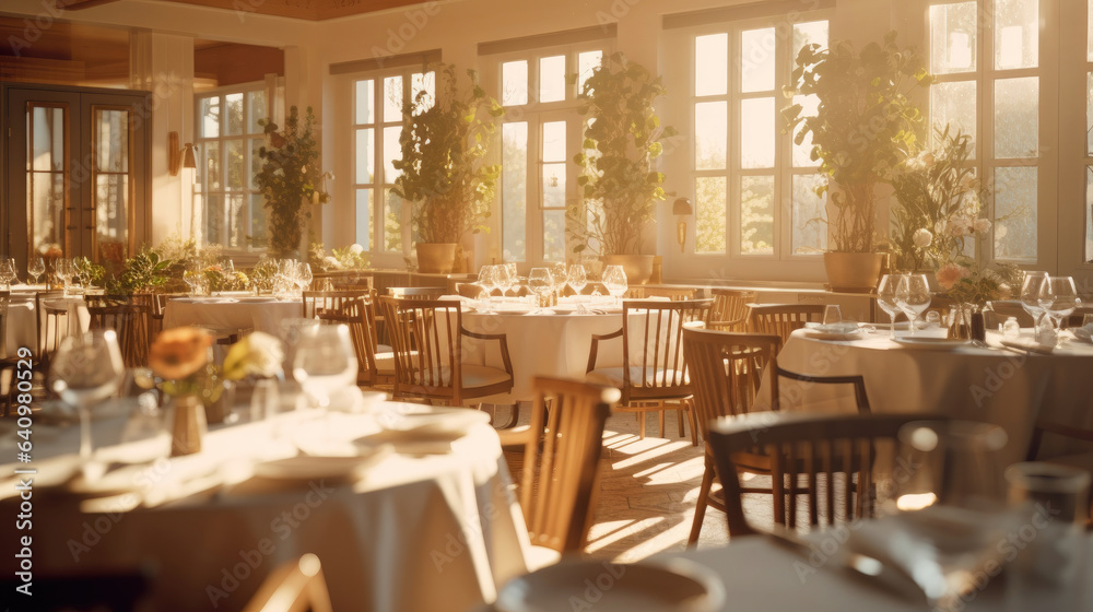 The restaurant's interior during the golden hour