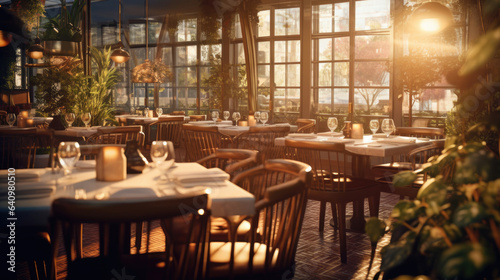 The restaurant s interior during the golden hour