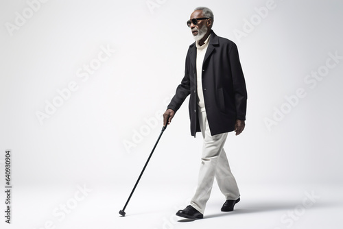 Blind black senior man with a cane walking