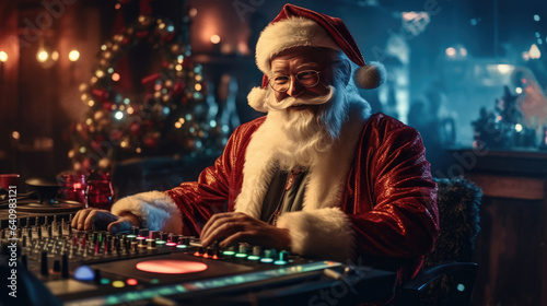 Santa claus taking on the role of a DJ in a bustling club