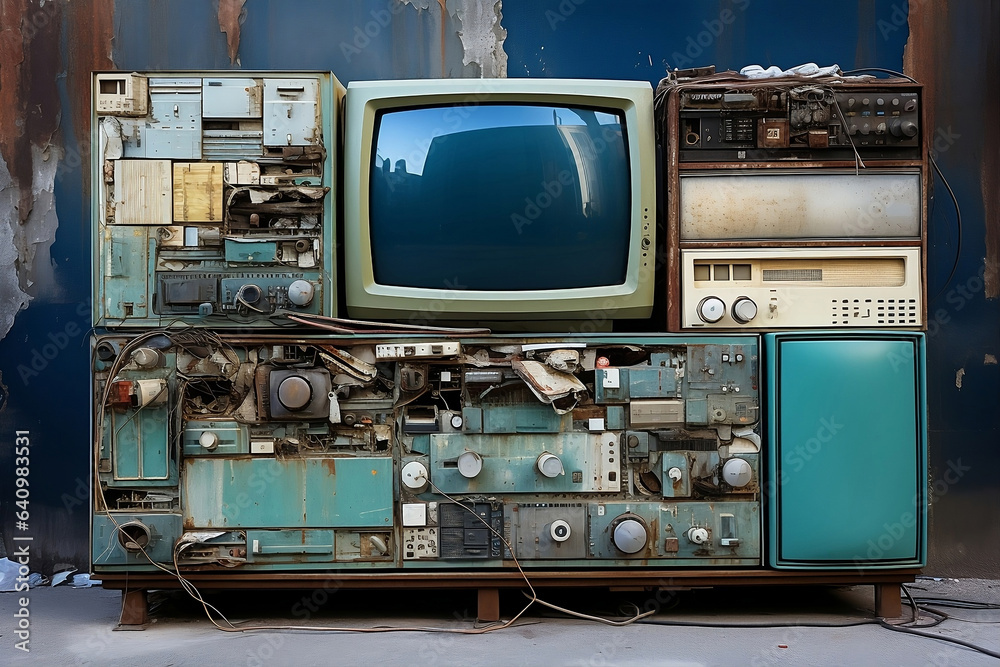 Old TV set against the background of the wall of an old house