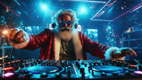 Santa claus taking on the role of a DJ in a bustling club