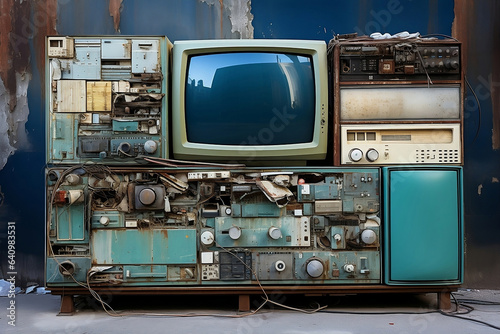 Old TV set against the background of the wall of an old house