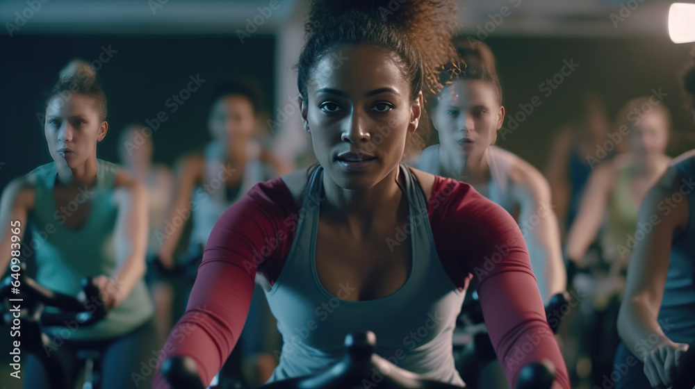 A group fitness classes, exercising on a spinning bike in the gym A group fitness classes, exercising on a spinning bike in the gym