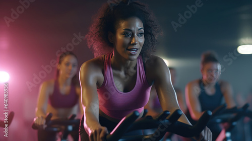 A group fitness classes, exercising on a spinning bike in the gym