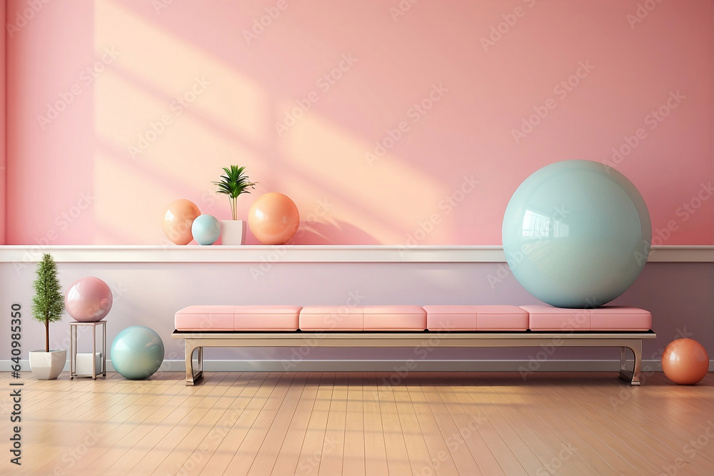 Interior of a living room with pink sofa and fitness ball. Space for yoga or meditation. - obrazy, fototapety, plakaty 