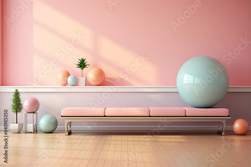 Obraz na płótnie Interior of a living room with pink sofa and fitness ball. Space for yoga or meditation. w salonie