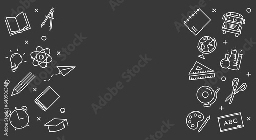 School black blackboard background with a frame of icons in both sides. Education related graphic elements with empty blank space in the middle to put your own text