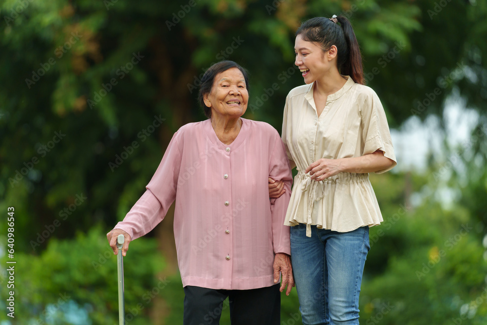 happy granddaughter and senior woman with walking stick in the grass field at park happy granddaughter and senior woman with walking stick in the grass field at park