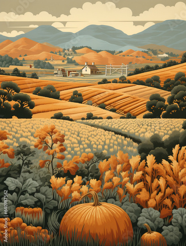 A Risograph Illustration of a Bustling Grainy Farm During Harvest Season