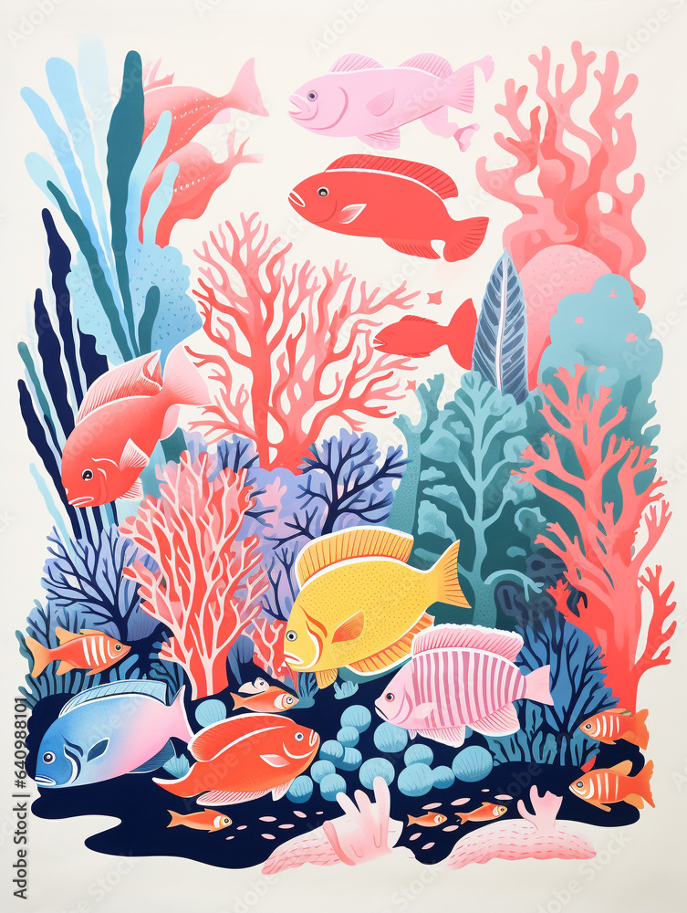 A Risograph Illustration of Exaggerated Shapes of Tropical Fish in a Coral Reef A Risograph Illustration of Exaggerated Shapes of Tropical Fish in a Coral Reef