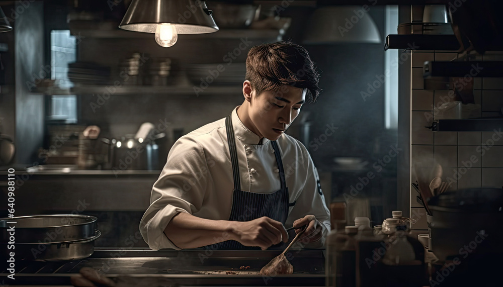 a handsome korean chef preparing food in a kitchen. a handsome korean chef preparing food in a kitchen.