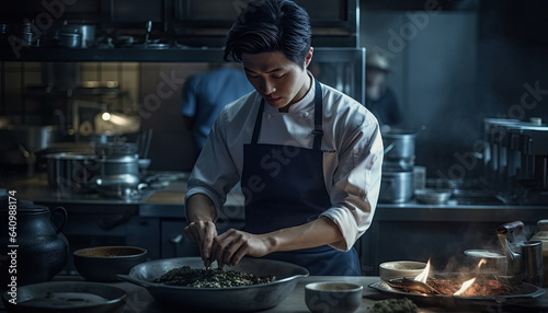 a handsome korean chef preparing food in a kitchen.