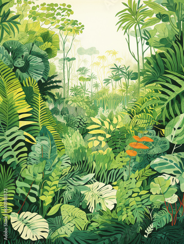 A Risograph Illustration of Oversized Jungle Foliage Concealing Hidden Animals