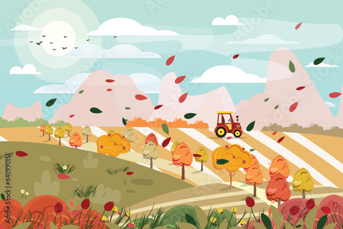 Vector cartoon illustration of a countryside in autumn. Fall background 