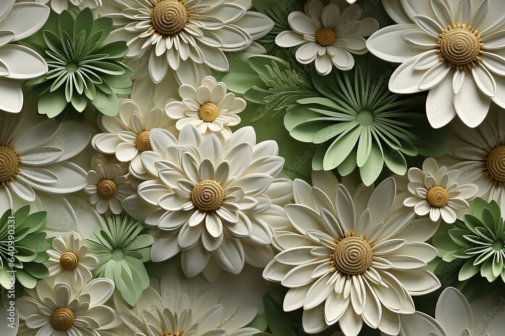 3D Seamless daisies flowers sublimation background, in white, and green colors. Modern textured background for print on demand. Generative AI.