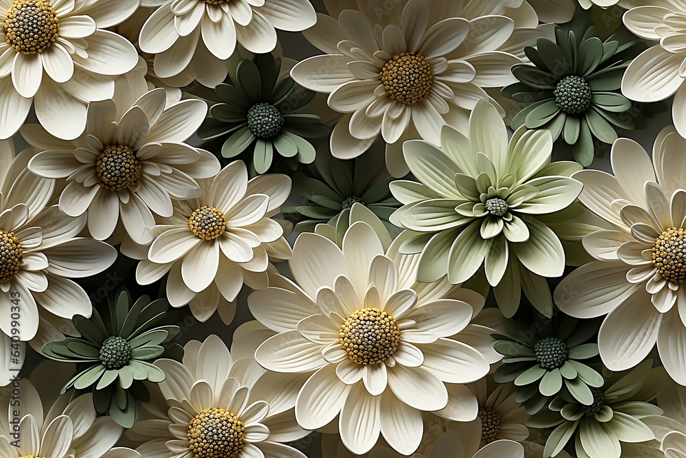 3D Seamless daisies flowers sublimation background, in white, and green colors. Modern textured background for print on demand. Generative AI.