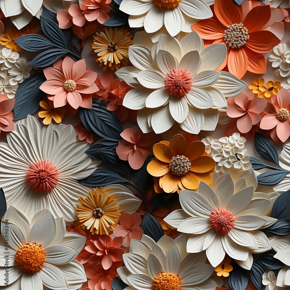 3D Seamless daisies flowers sublimation background, in white, red, pink, blue, orange colors. Modern textured background for print on demand. Generative AI.
