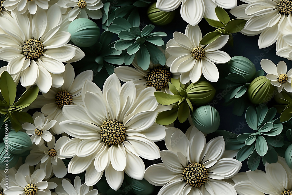 3D Seamless daisies flowers sublimation background, in white, and green colors. Modern textured background for print on demand. Generative AI.