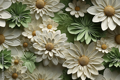 Obraz na płótnie 3D Seamless daisies flowers sublimation background, in white, and green colors. Modern textured background for print on demand. Generative AI. w salonie