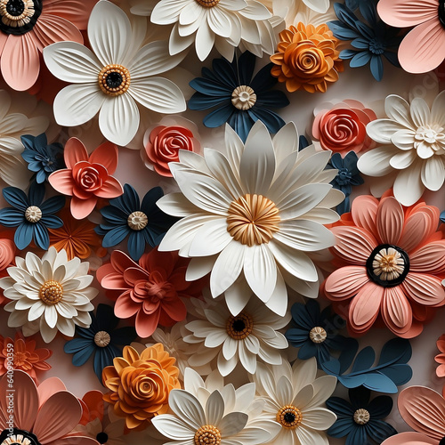 Obraz na płótnie 3D Seamless daisies flowers sublimation background, in white, red, pink, blue, orange colors. Modern textured background for print on demand. Generative AI. w salonie