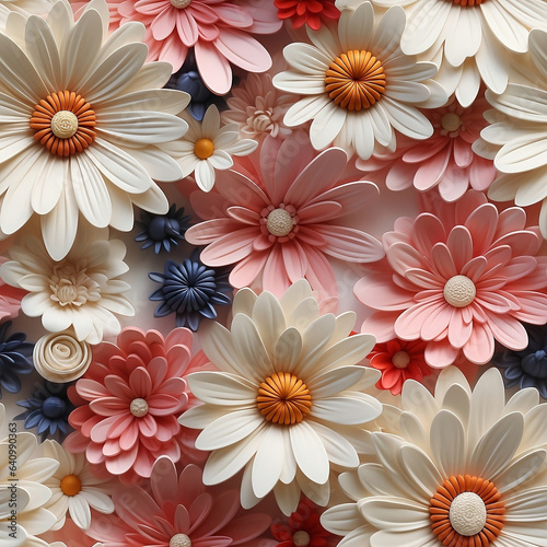 3D Seamless daisies flowers sublimation background, in white, red, pink, blue, yellow colors. Modern textured background for print on demand. Generative AI.