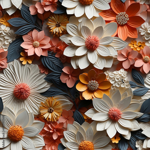 Obraz na płótnie 3D Seamless daisies flowers sublimation background, in white, red, pink, blue, orange colors. Modern textured background for print on demand. Generative AI. w salonie