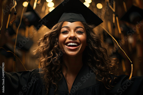 beautiful,olive skin, all ethnically different friends, a 12th grade senior in gradutation cap and gown. photo