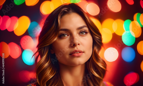 Young Woman covered in multicolored lights bokeh background. AI generative