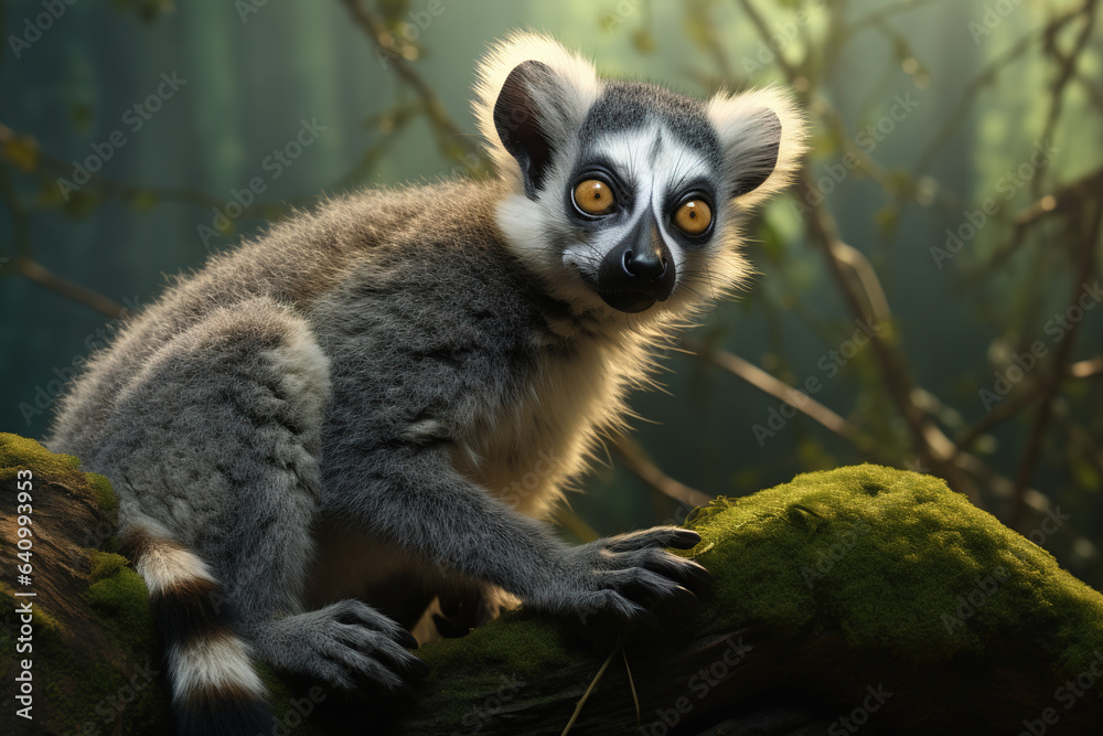 Image of ring-tailed lemur in the forest, Wildlife Animals., Generative AI, Illustration. Image of ring-tailed lemur in the forest, Wildlife Animals., Generative AI, Illustration.