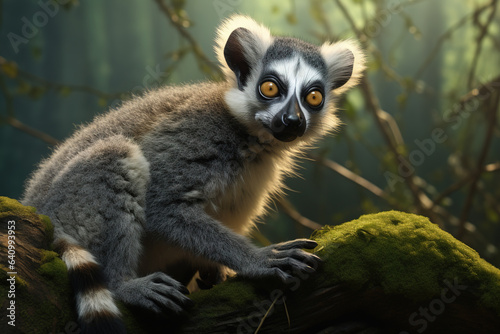 Image of ring-tailed lemur in the forest, Wildlife Animals., Generative AI, Illustration.