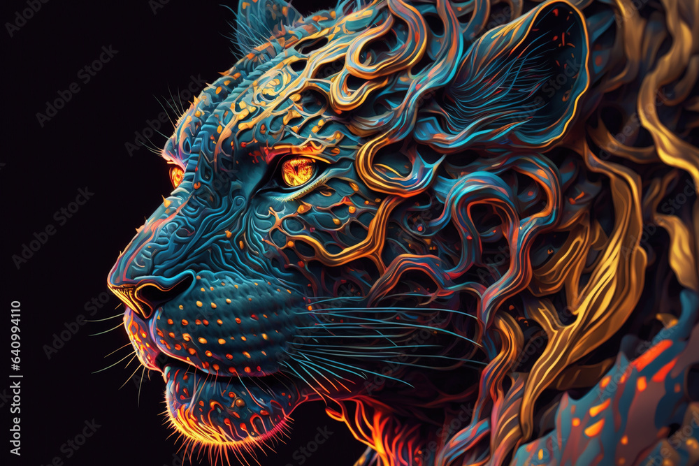 Image of an angry leopard head with a burning fire on black background. Wildlife Animals. Illustration, Generative AI.