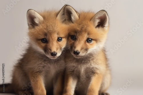 Image of two baby foxs cubs cuddle together. Wildlife Animals. Illustration, Generative AI. © yod67
