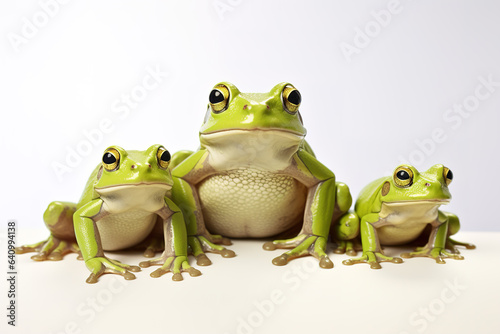 Image of family group green frogs on a white background. Amphibian. illustration. Generative AI.