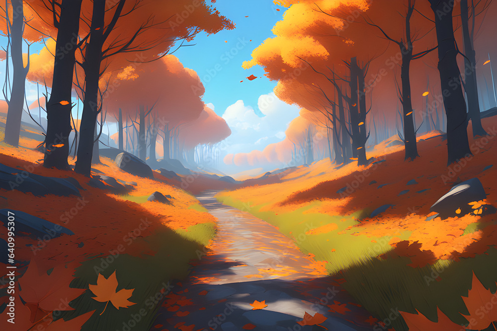 a path in the trees colored with autumn leaves, leaves falling and flying in the wind, white clouds floating in the sky, a beautiful autumn landscape, a small lake in the corner, a blue autumn sky