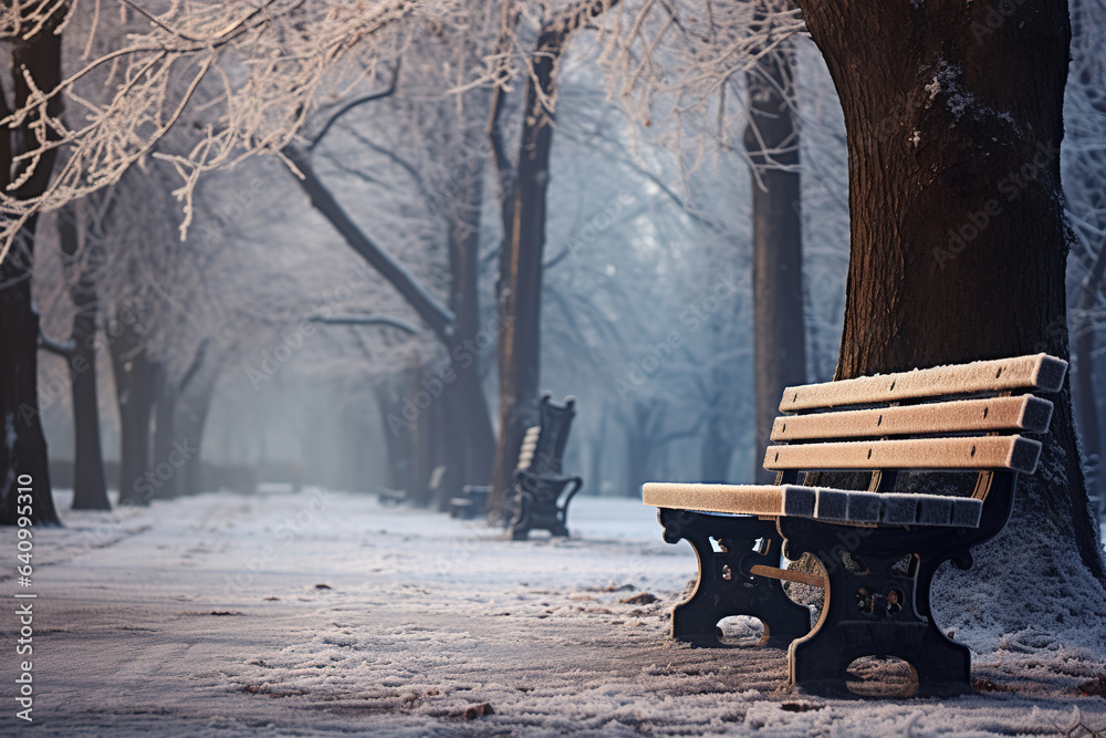 Park benches at Public Park in winter