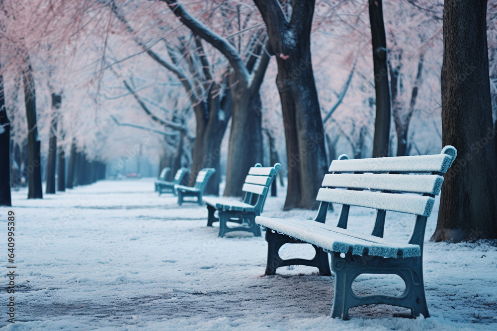 Park benches at Public Park in winter