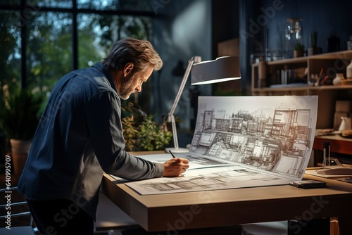  Explore an architect in action, skillfully sketching a building's blueprint, unveiling the art of construction and design. 'generative AI'