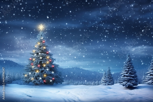 Holiday background with Christmas tree, snow, winter